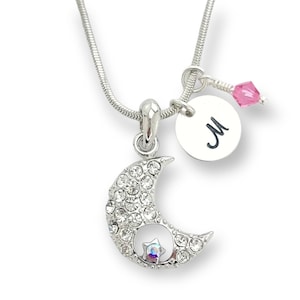 Moon Clear Color Colgante personalizado Swarovski Collar de cristal estampado a mano Carta inicial y piedra de nacimiento Encanto Cadena personalizada