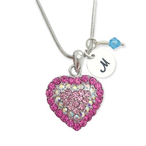Corazón Rosa Colgante Personalizable Swarovski Cristal Collar Personalizado Estampado a Mano Carta Inicial y Piedra de Nacimiento Cadena de Amuletos Custom