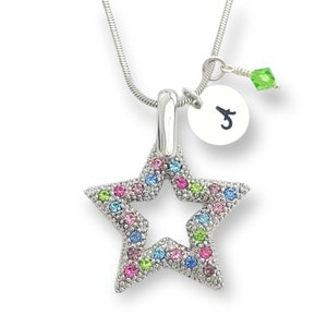 Star Multi Color Collar Personalizado Swarovski Crystal Star Colgante Estampado a Mano Carta Personalizada Inicial y Cadena de Piedra de Nacimiento