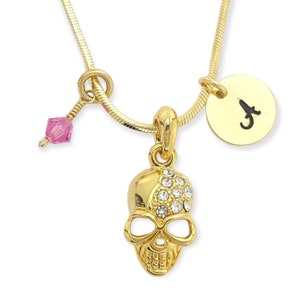 Calavera Personalizada Brillante Relleno de Oro Collar Personalizado Estampado a Mano Carta Inicial y Amuletos de Piedra de Nacimiento Cadena Regalo