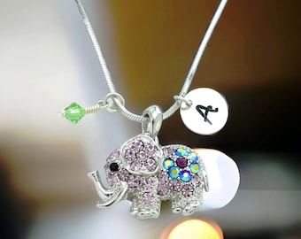 Elefant Lila Anhänger Personalisierbar Swarovski Kristall Personalisierbar Geburtsstein & Handgestempelt Initial Buchstaben Charm Halskette Kette