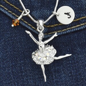 Swarovski Crystal Ballerina Collar colgante Carta inicial estampada a mano personalizada y piedra de nacimiento Encanto Cadena Regalo personalizado