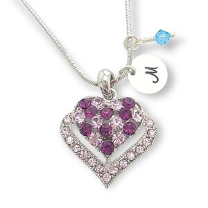 Corazón Púrpura Colgante Personalizado Swarovski Collar de Cristal Estampado a Mano Carta Inicial y Piedra de Nacimiento Cadena de Amuletos Regalo de Joyería Personalizada