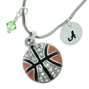 Swarovski Crystal Basketball Personalizado 3D Naranja Colgante Collar Espumoso Personalizado Estampado a Mano Carta Inicial y Piedra de Nacimiento Charms Chain