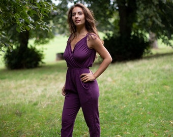 Purple Cotton High Waisted Boho Hippie Jumpsuit