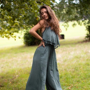 Grey Cotton High Waisted Palazzo Boho Hippie Flared Jumpsuit