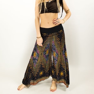 Black Peacock Palazzo Trousers, Boho Yoga Pants, Hippie Harem Culottes