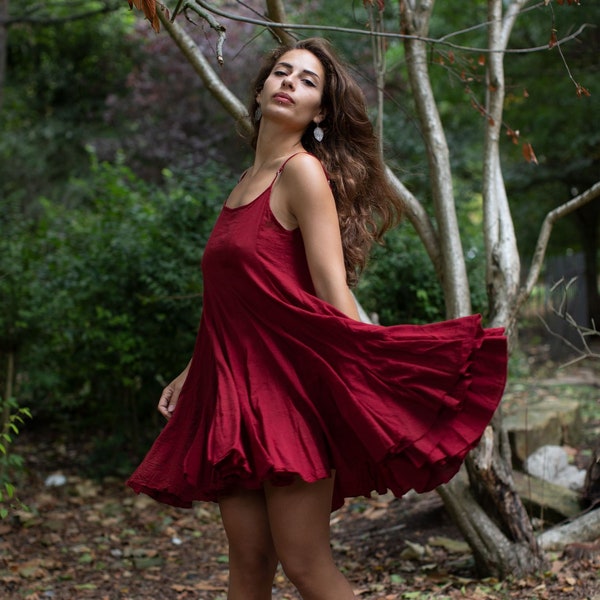 Red Hippie Swing Dress, Fairy Boho Dress,  100% Cotton Red Dress