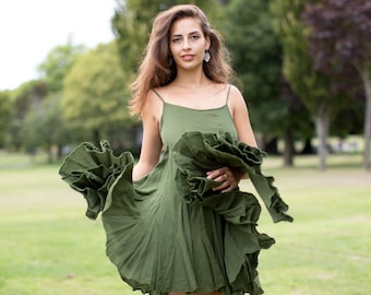 Green Hippie Swing Dress, Boho Fairy Dress,  100% Cotton Dress