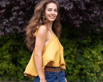 Gelbes Boho Crop Top mit Quaste aus Baumwolle