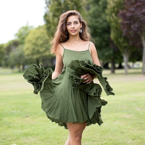 Green Hippie Swing Dress, Boho Fairy Dress,  100% Cotton Dress
