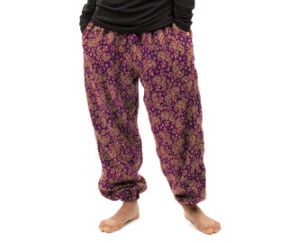 Sarouel chaud violet, sarouel couverture, pantalon chaud motif cachemire floral