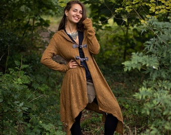 Veste à capuche asymétrique elfe ocre, cardigan tricoté Long Boho, tricots hippies