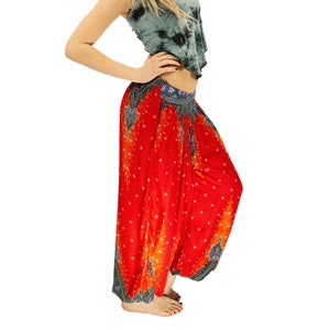 Red Boho Peacock Feather Red Hippie Yoga Harem Pants