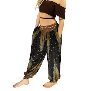 Boho Peacock Feather Black Hippie Yoga Harem Pants