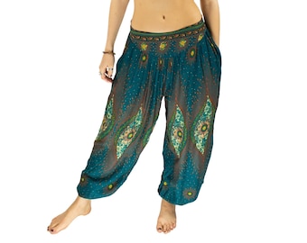 Boho Turquoise Peacock Print Hippie Yoga Harem Pants