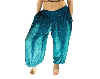 Boho Türkis Pfau Print Hippie Yoga Haremshose Festival Hose