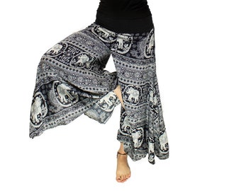 Boho Black Elephant Palazzo Pants, Yoga Pants, Hippie Culottes