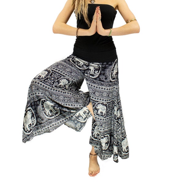 Boho Black Elephant Palazzo Pants, Yoga Pants, Hippie Culottes