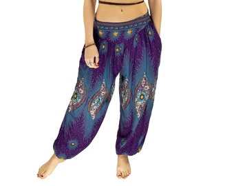 Boho Purple Peacock Print Hippie Yoga Harem Pants