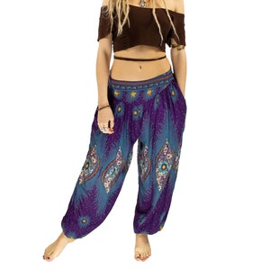Boho Purple Peacock Print Hippie Yoga Harem Pants