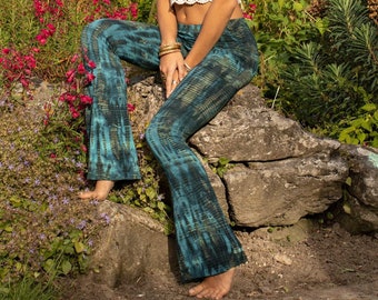 Blue Tie Dye Flared Leggings, Hippie Bell Bottoms Flares Yoga Pants
