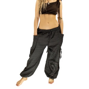 Cotton Hippie Unisex Charcoal Harem Pants Hand Painted Psy Trance Black Cotton Yoga Trousers