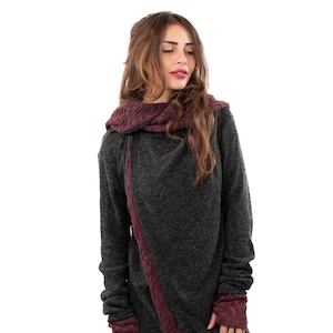 Charcoal Lace Crochet Hooded Hippie Cardigan, Psy Trance Jacket, Boho Knitted Wrap