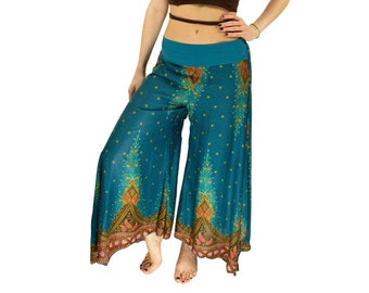 Boho Peacock Palazzo Pants, Yoga Pants, Hippie Culottes