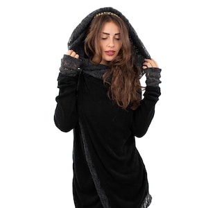 Black Lace Crochet Hooded Hippie Cardigan, Psy Trance Jacket, Boho Knitted Wrap