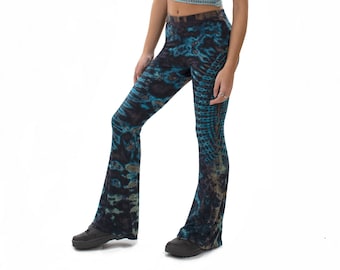 Blue Tie Dye Hippie Flared Leggings  Yoga Psychedelic Boho Festival Bell Bottom Flares