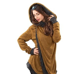 Ochre Lace Crochet Hooded Hippie Cardigan, Psy Trance Jacket, Boho Knitted Wrap