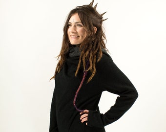 Black Hooded Cardigan Wrap Jacket With Hand Warmers