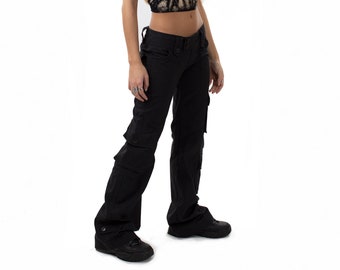 Black Flared Cargo Pants Camo Bell Bottom Low Rise Trousers