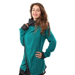 Turquoise Lace Crochet Hooded Hippie Cardigan, Psy Trance Jacket, Boho Knitted Wrap