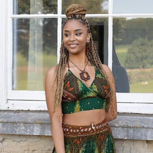 Green Bikini Crop Top, Indian Paisley Print, Hippie Psy Trance Crop Top