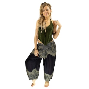 Boho Black Feather Mandala Harem Pants