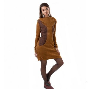Hooded Dress, Psy Trance Pixie Boho Dress Camel Yellow & Brown