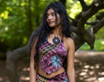 Tie Dye Halterneck Hankerchief Top, Psy Hippie Boho Festival Top, Hoop Yoga Top