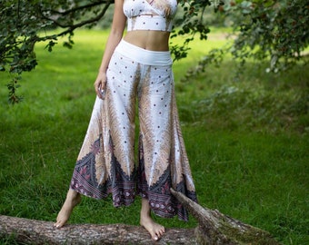 White Peacock Print Palazzo Trousers Yoga Pants Hippie Pants Kundalini Yoga Pants