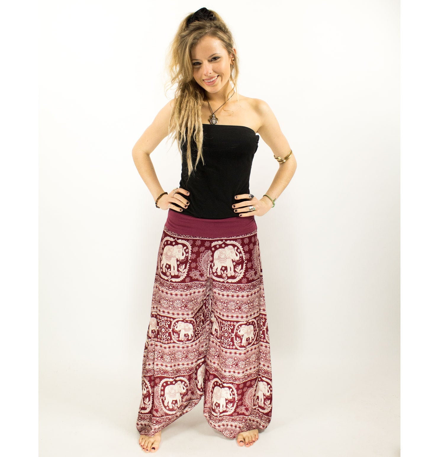 Image of Boho Red Elephant Palazzo Pants, Yoga Hippie Culottes