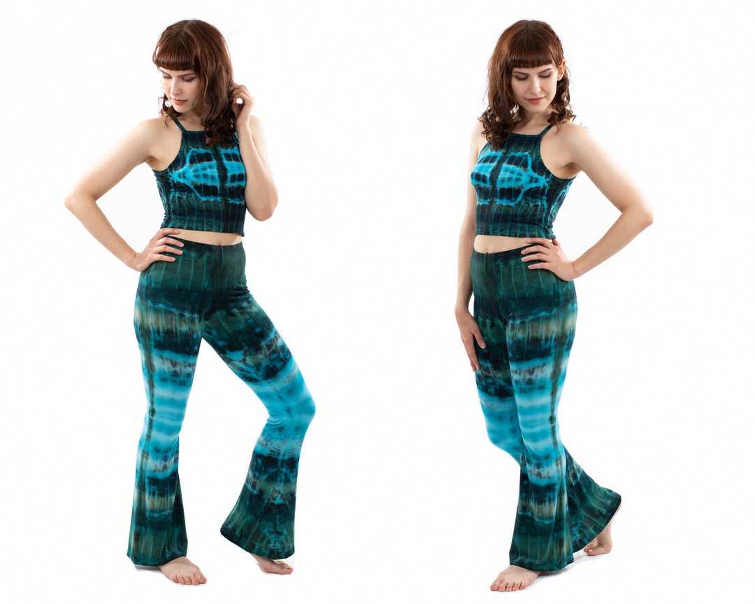 Blue Tie Dye Flared Leggings, Hippie Bell Bottoms, Blue Nebula Yoga