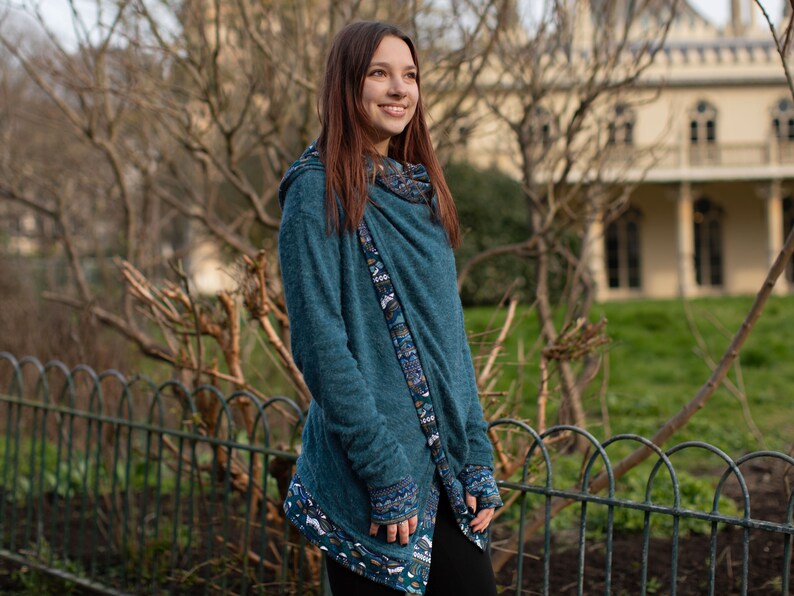 Blue Hooded Cardigan Wrap, Tribal Aztec Patterned Jacket With Hand