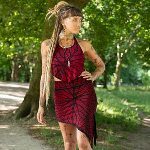 Red Tree of Life Fractal Pixie Asymmetric Tie Dye Hippie Skirt, Psy Trance Festival Mini Skirt