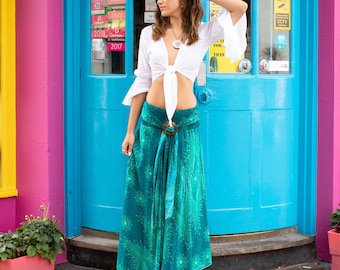 Turquoise Peacock Maxi Skirt With Coconut Shell Belt