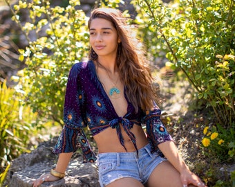 Purple Bell Sleeve Butterfly Top Boho Wrap Top Pixie Sleeve Crop Top