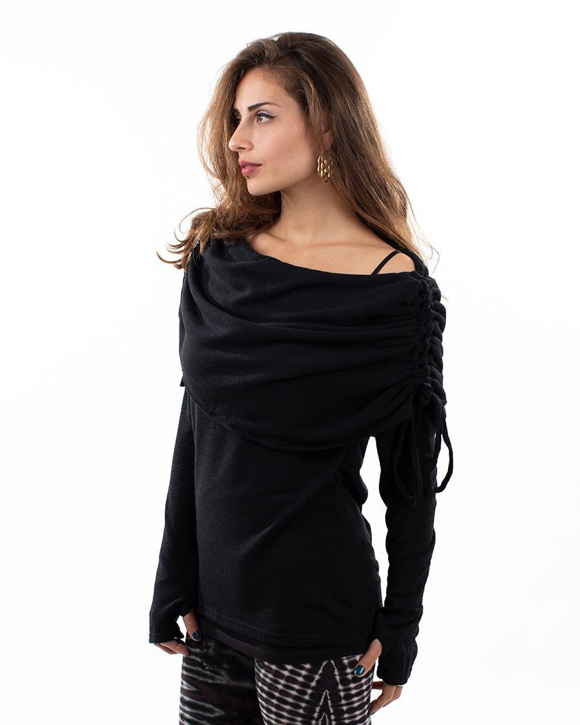 Image of Black Pixie Elf Sweater, Hippie Psy Trance Jumper, Boho Knitwear