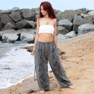Grey Helix Spiral Hippie Harem Pants, Parachute Baggy Cotton Trousers