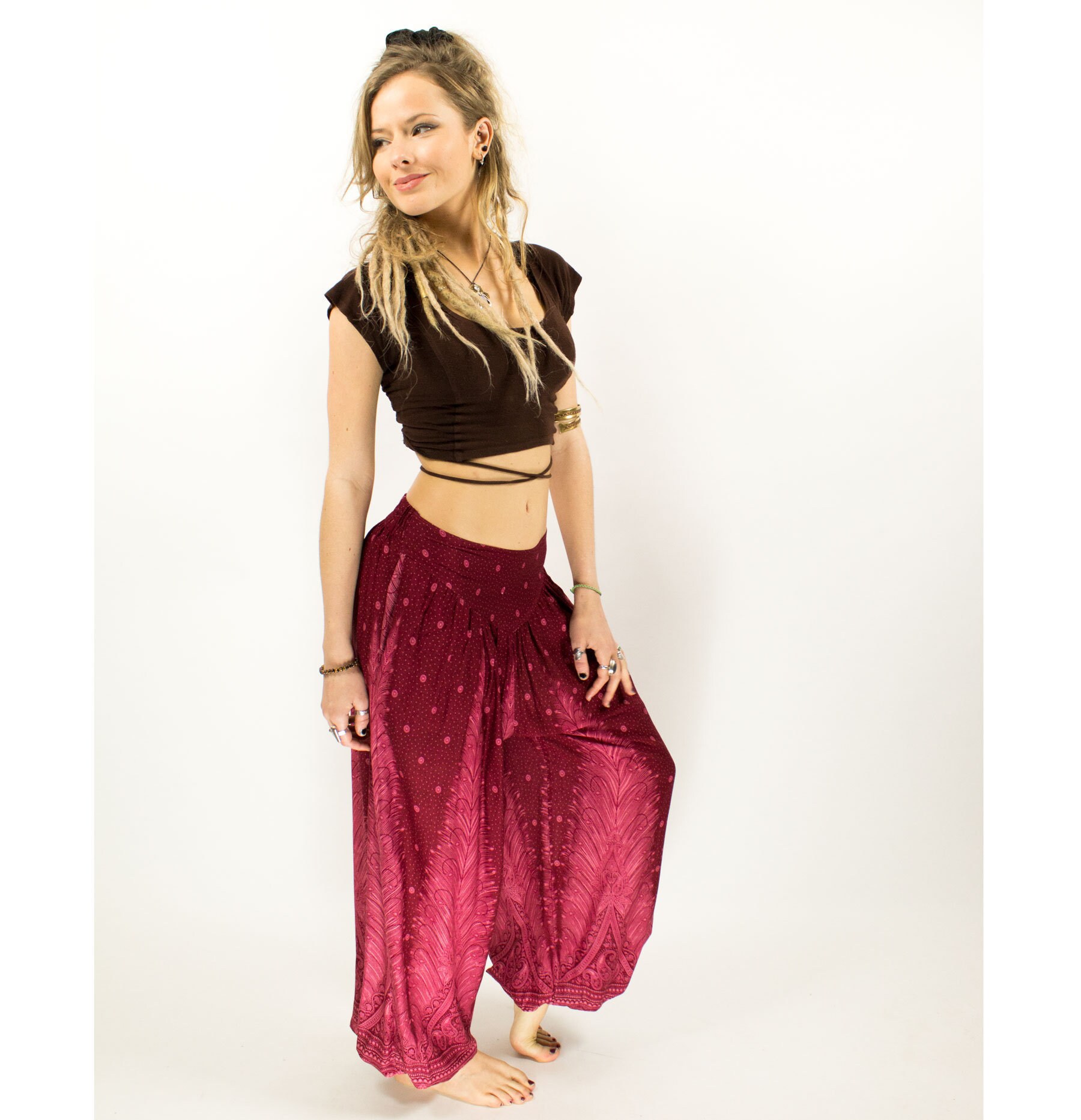 Image of Boho Red Peacock Feather Harem Pants
