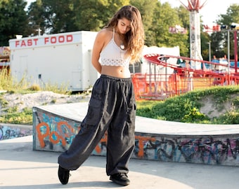 Charcoal Tribal Print Hippie Harem Pants, Parachute Baggy Trousers